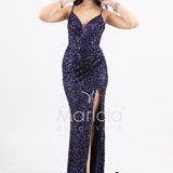Abito lungo a sirena con paillettes e strascico PF8065F BLU MARICLA ELEGANCE 
