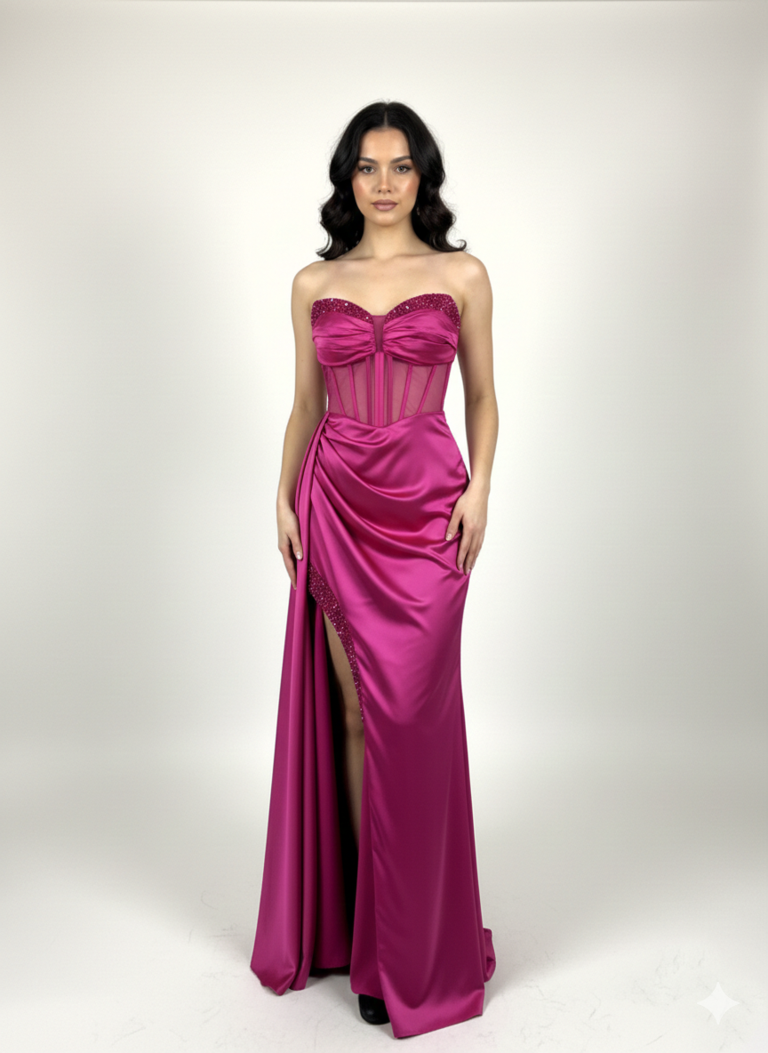 abito steccato con trasparenza e spacco HC5117 FUCSIA MARICLA ELEGANCE 