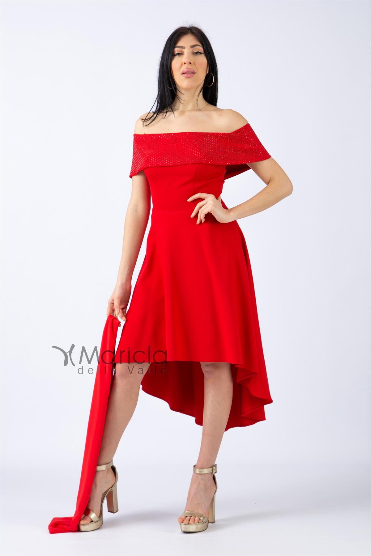 Abito rosso con scollo a barca e strass JC34363 ROSSO MARICLA ELEGANCE 
