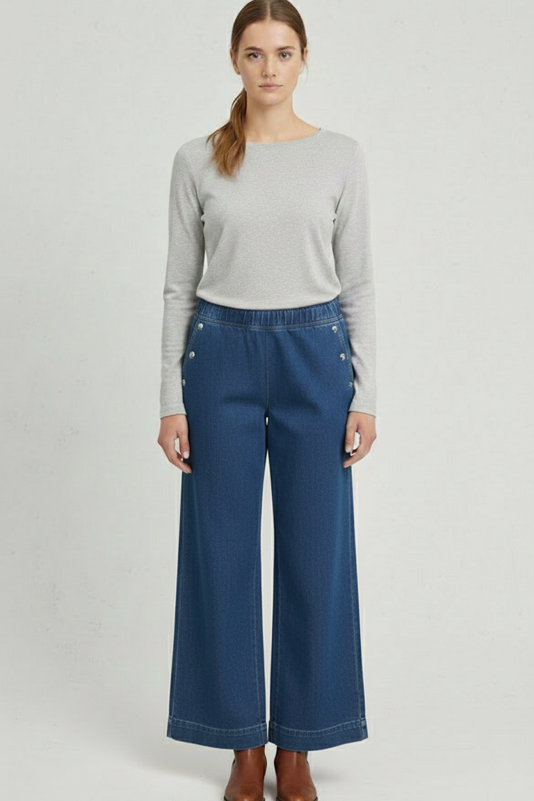 Pantalone Palazzo in Denim Soft-Touch con Dettagli Gioiello CF70190 DENIM CARLA FERRONI 