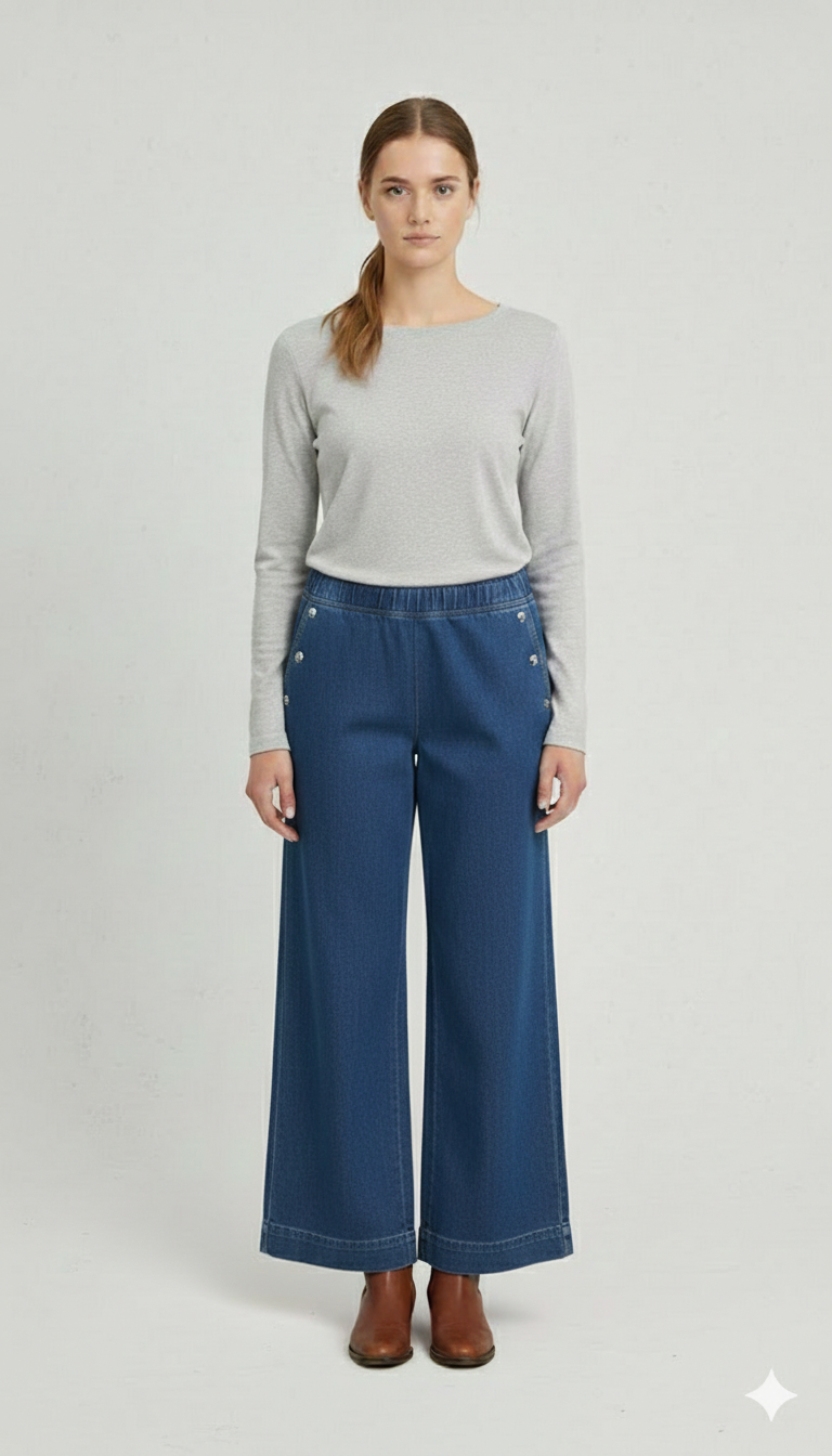 Pantalone Palazzo in Denim Soft-Touch con Dettagli Gioiello CF70190 DENIM CARLA FERRONI 