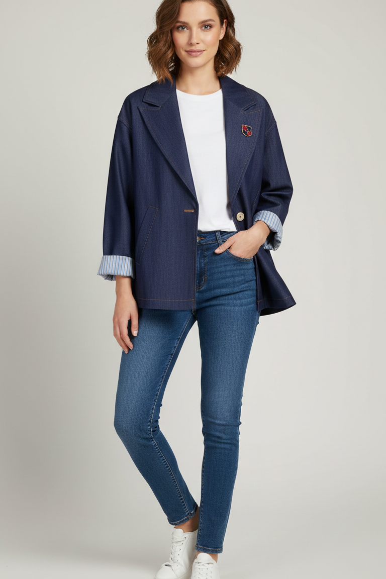 Giacca Blazer in Denim Strutturato con Dettagli Sartoriali ROMI4133 BLU MARICLA 