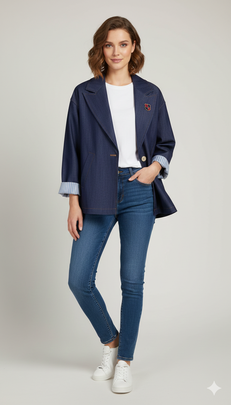 Giacca Blazer in Denim Strutturato con Dettagli Sartoriali ROMI4133 BLU MARICLA 