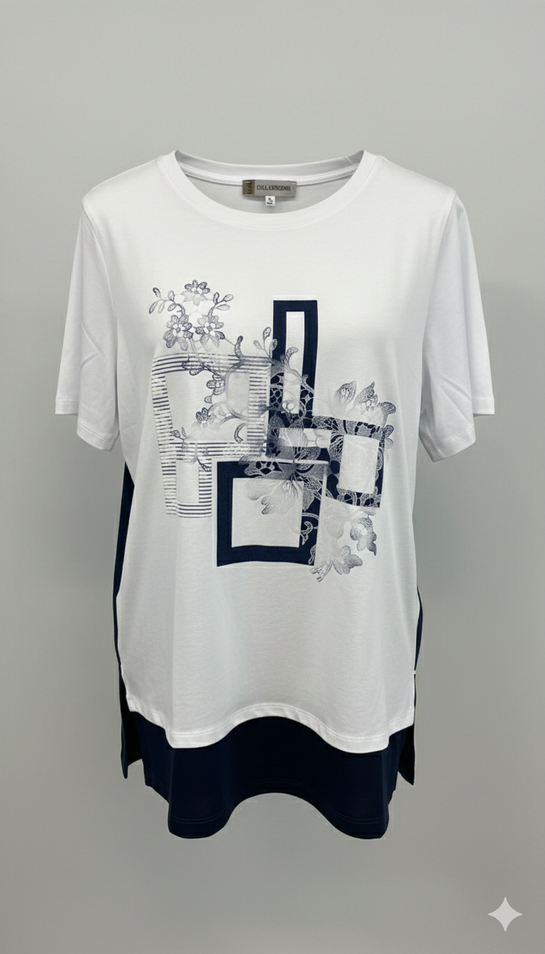 T-shirt Bi-materiale con Grafica Geometrica e Floreale CF50101 BIANCO CARLA FERRONI 