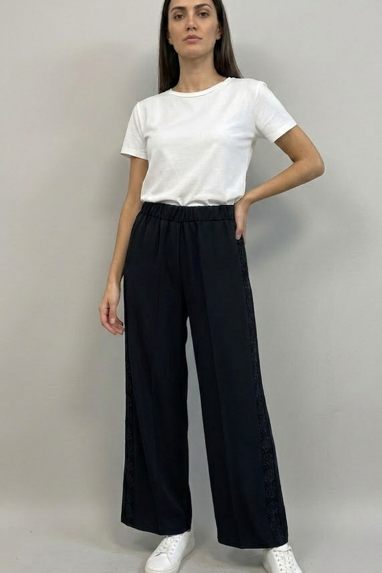 pantalone con fascia laterale macramè FFAUGUSTA NERO MARICLA 