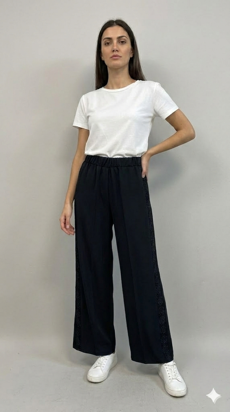 pantalone con fascia laterale macramè FFAUGUSTA NERO MARICLA 