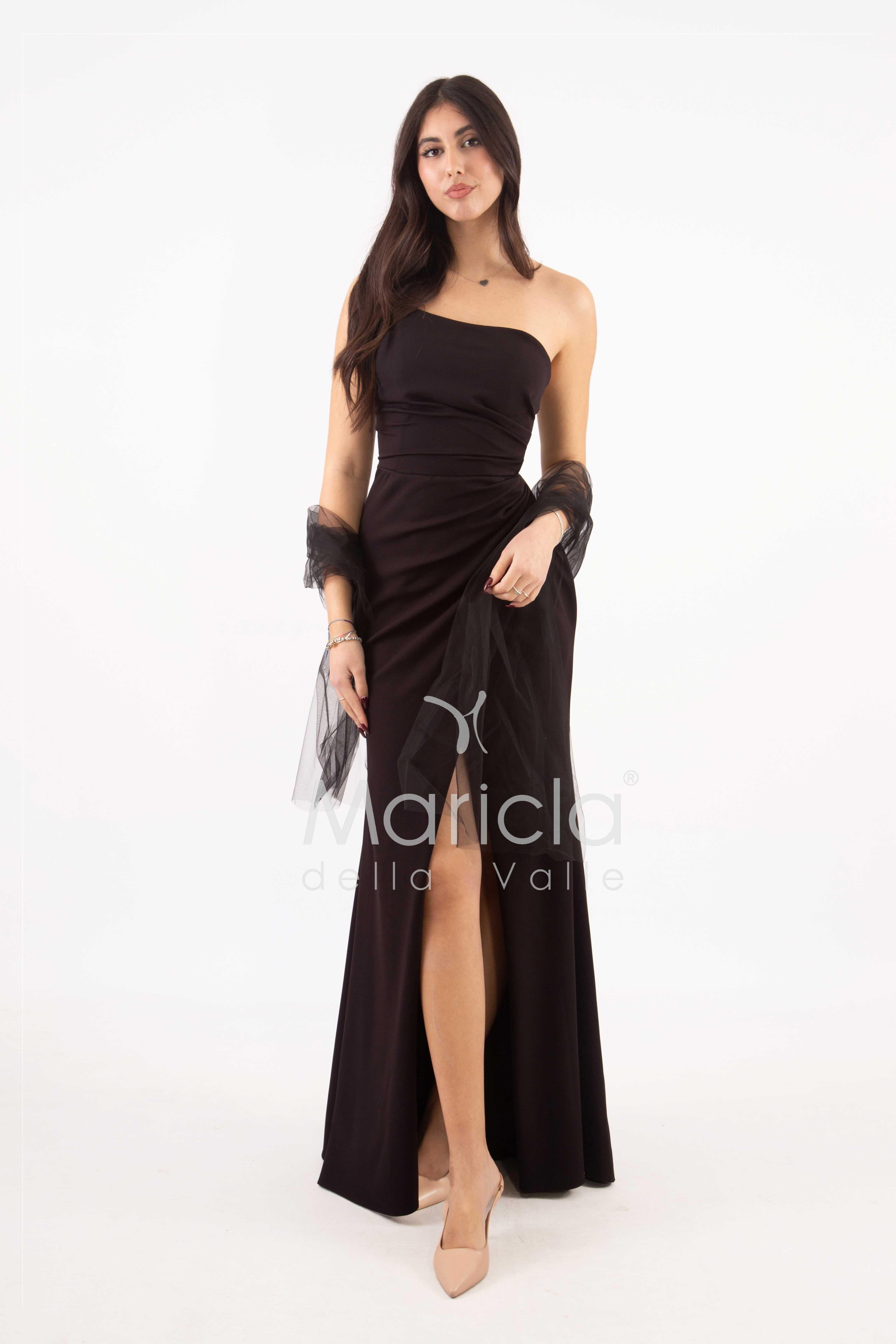 abito sirena crepe saten con spacco ANT7324 NERO ANTILLE ELEGANCE 