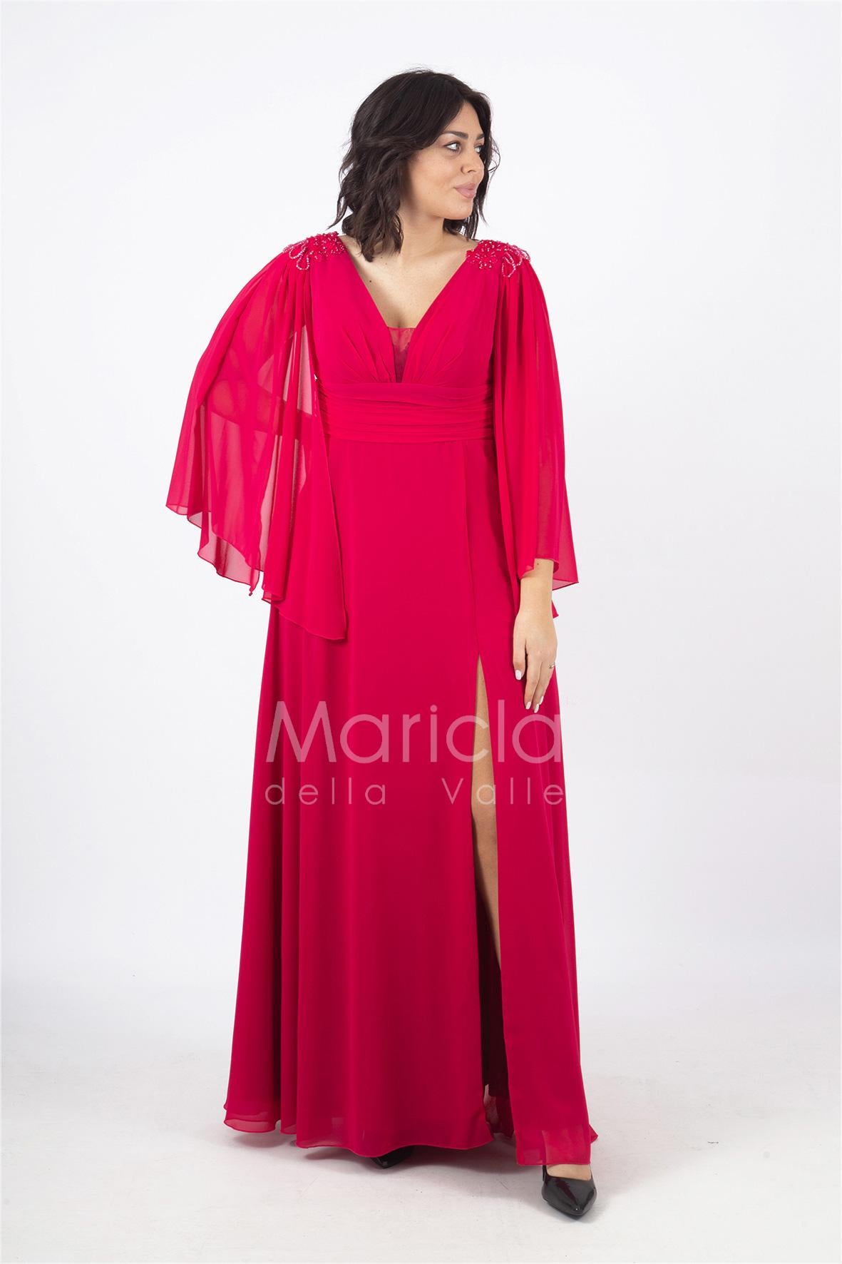 abito lungo ricamo spalla manica farfalla RG4509 MAGENTA GIGLI CERIMONIA 