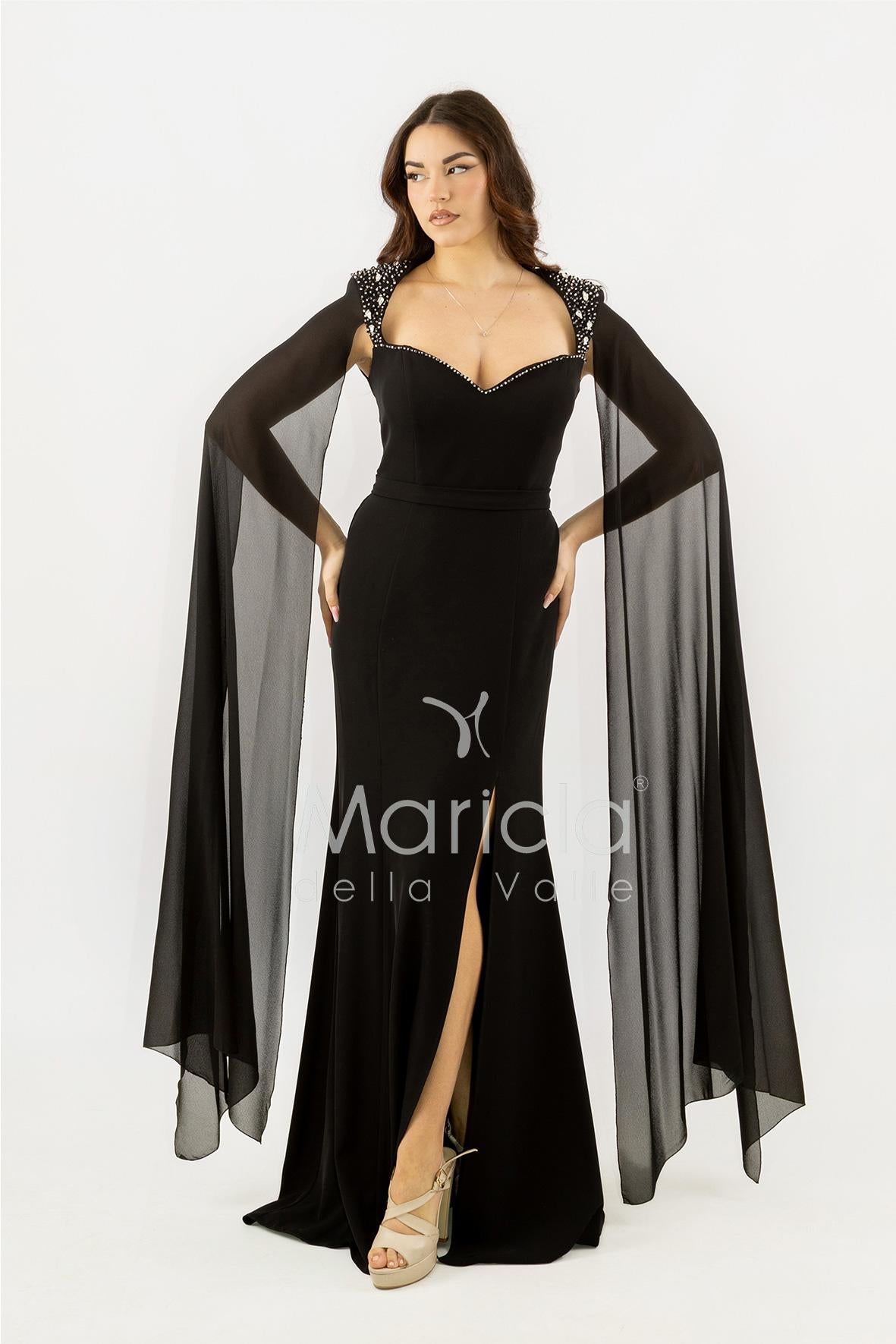 abito lungo scollato con spalline strass SH819AL NERO SHARON 