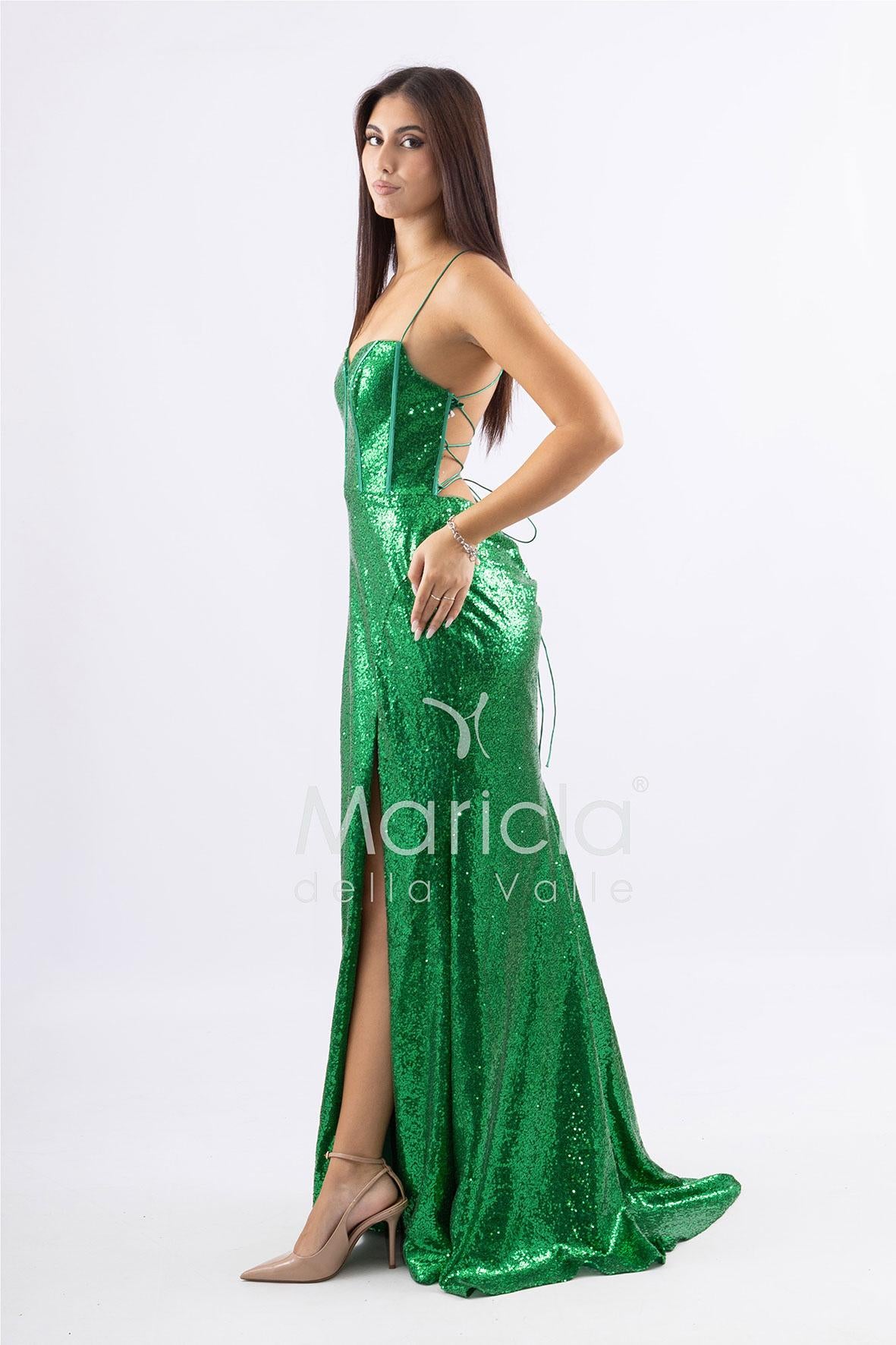 Abito a sirena lungo con micropaillettes <BR/> JC35336 VERDE MARICLA ELEGANCE 