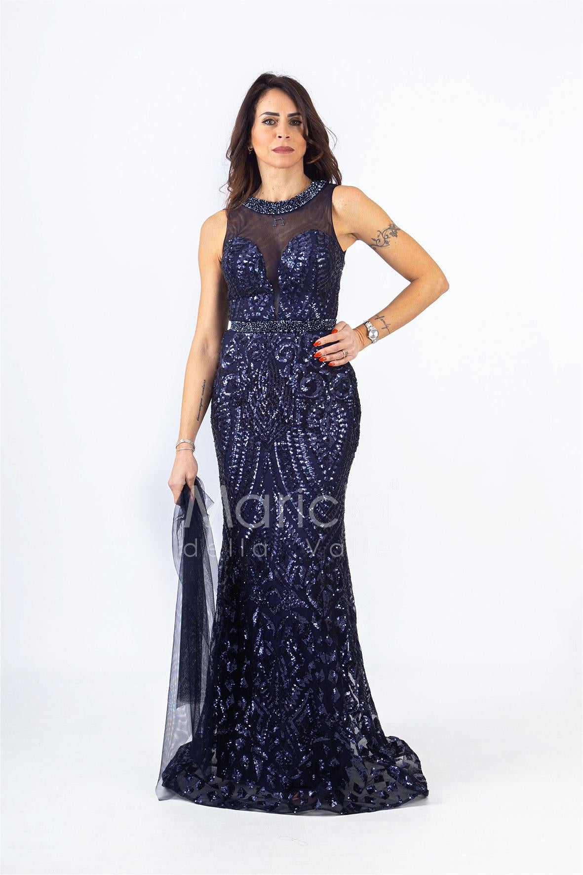 abito lungo paiette sirena RG4239 BLU GIGLI CERIMONIA 