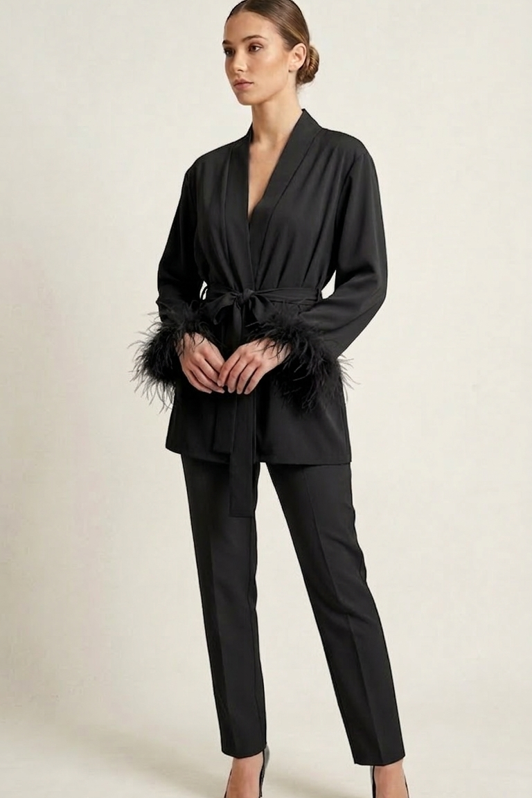 Giacca Kimono con Polsini in Piume DB11010 NERO MARICLA 