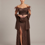 Abito lungo a sirena  con spacco e piume <BR/> KMK605 BRONZO MARICLA ELEGANCE 