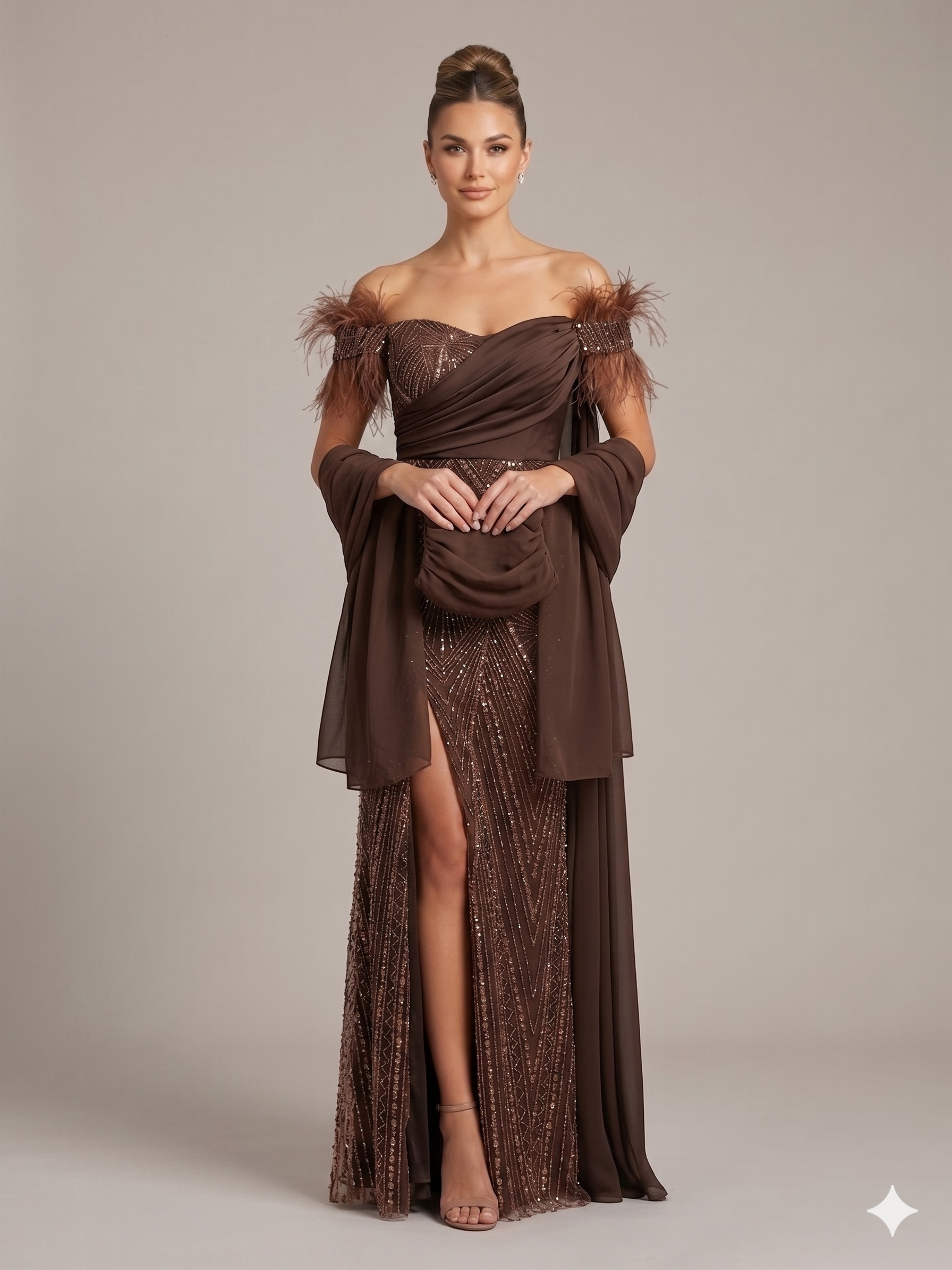 Abito lungo a sirena  con spacco e piume <BR/> KMK605 BRONZO MARICLA ELEGANCE 