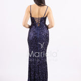 Abito lungo a sirena con paillettes e strascico PF8065F BLU MARICLA ELEGANCE 