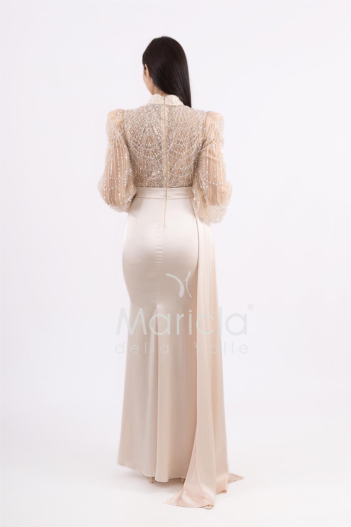Abito sirena con corpetto ricamato e drappeggio al lato FP512352 CHAMPAGNE MARICLA ELEGANCE 