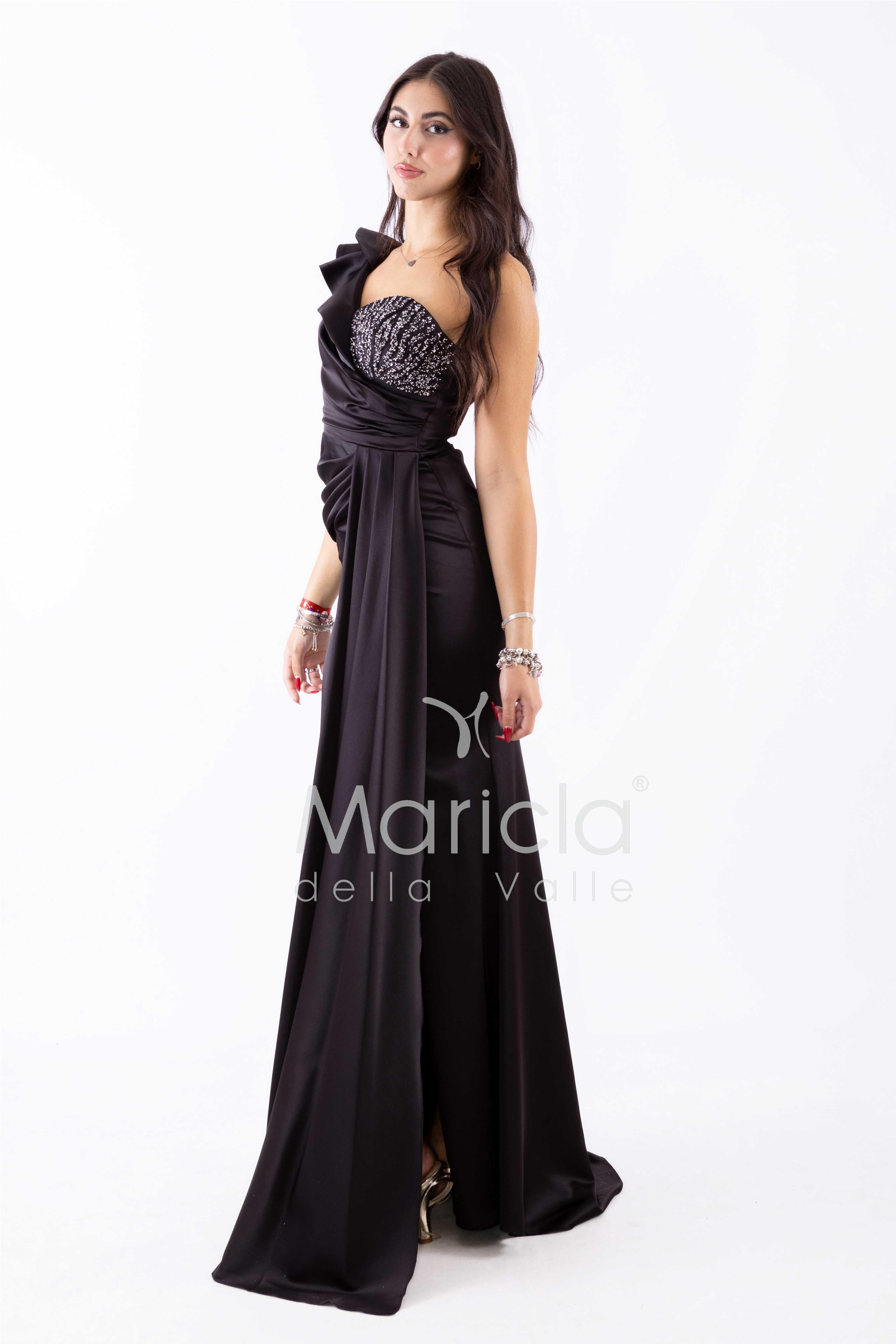 abito lungo pieghe e corpetto strass ALC05 NERO MARICLA ELEGANCE 