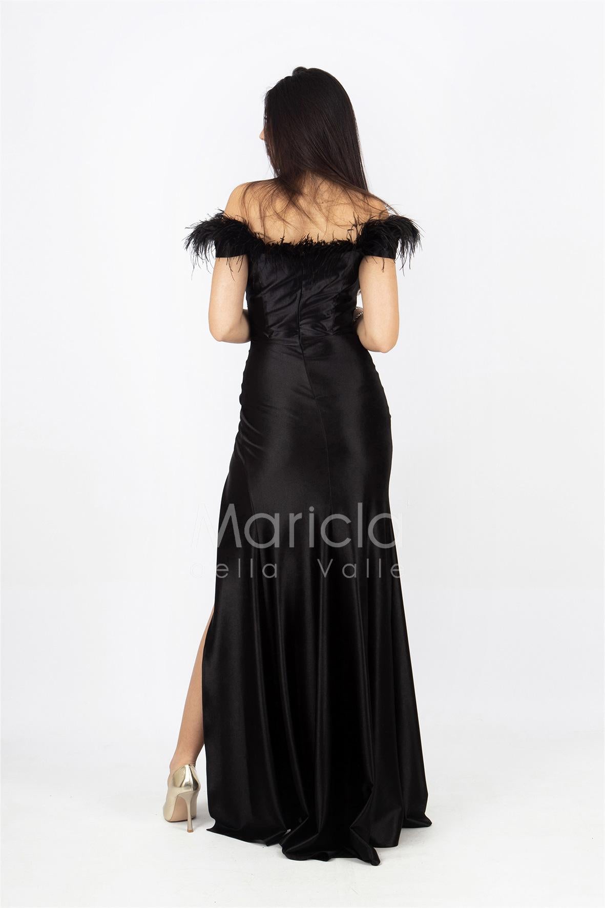 abito lungo con piume scollo HC5011 NERO MARICLA ELEGANCE 
