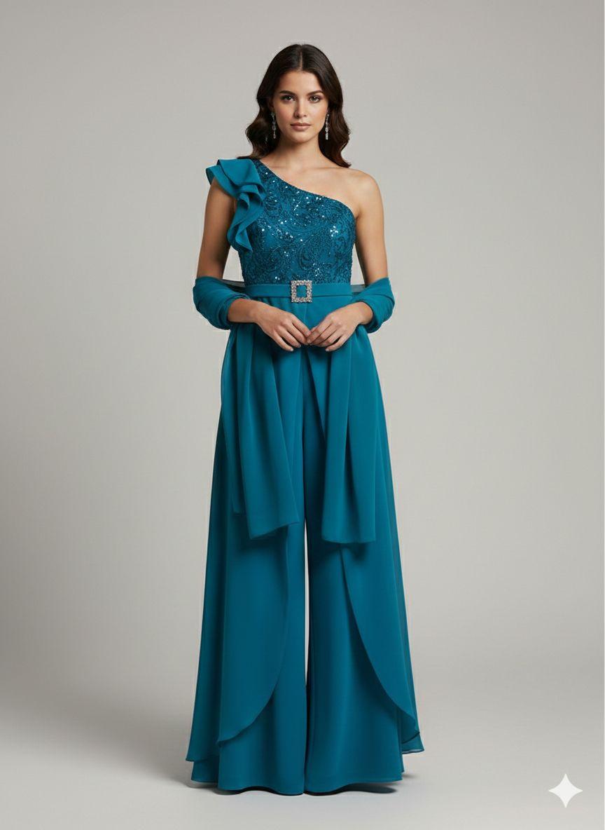 tuta monospalla corpetto strass LH118TU PETROLIO LUDOVICA HASSLER 