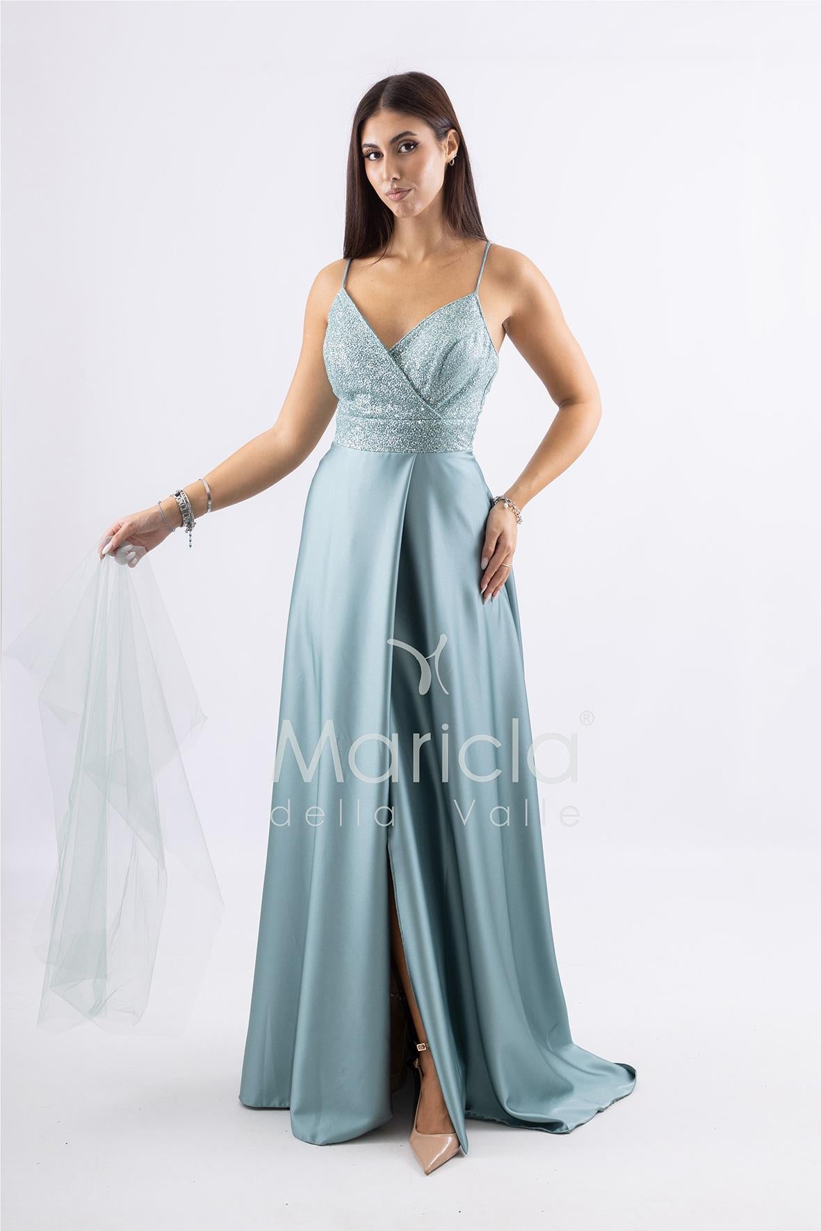 abito lungo con spacco paiette e stringhe FI6835 MENTA MARICLA ELEGANCE 