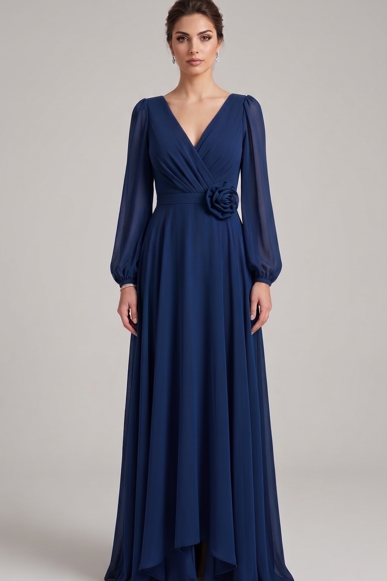 abito manica lunga chiffon fiore FI1185 BLU MARICLA ELEGANCE 
