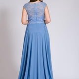 Abito lungo con corpetto ricamato in macramè. ANT1752AT INDACO ANTILLE ELEGANCE 