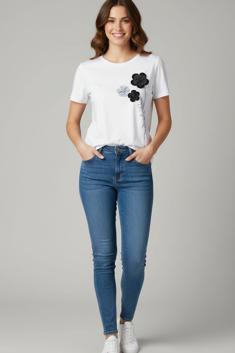 T-shirt fiore appilcato CF50102 BIANCO CARLA FERRONI 