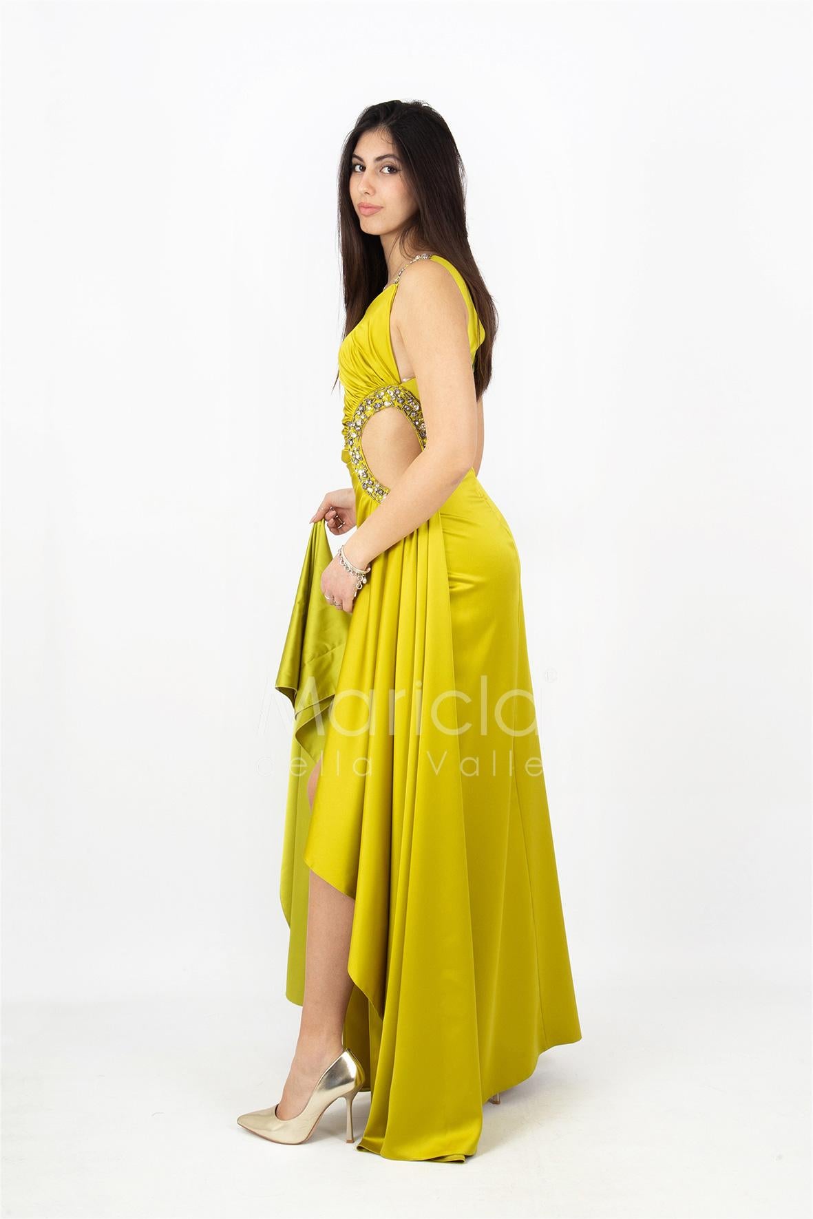 abito lungo monospalla con occhio laterale HC5017 AVOCADO MARICLA ELEGANCE 