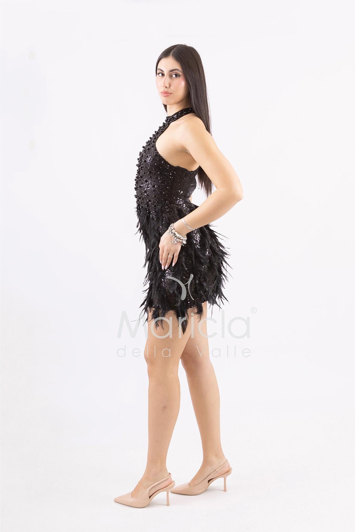 Abito corto con Paillettes e Dettagli in Piume FP613327 NERO MARICLA ELEGANCE 