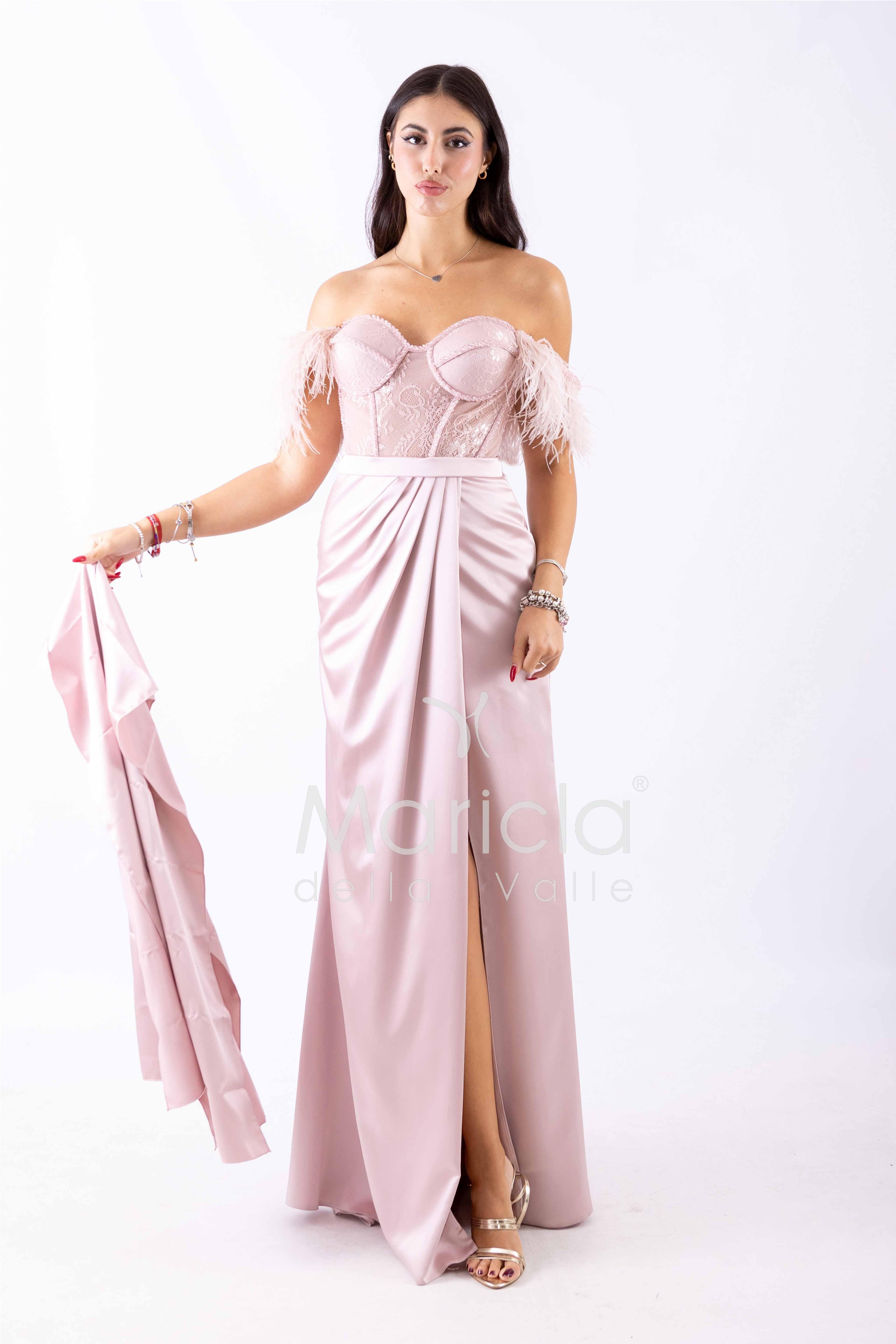 abito lungo piume corpetto ALC06 ROSA MARICLA ELEGANCE 