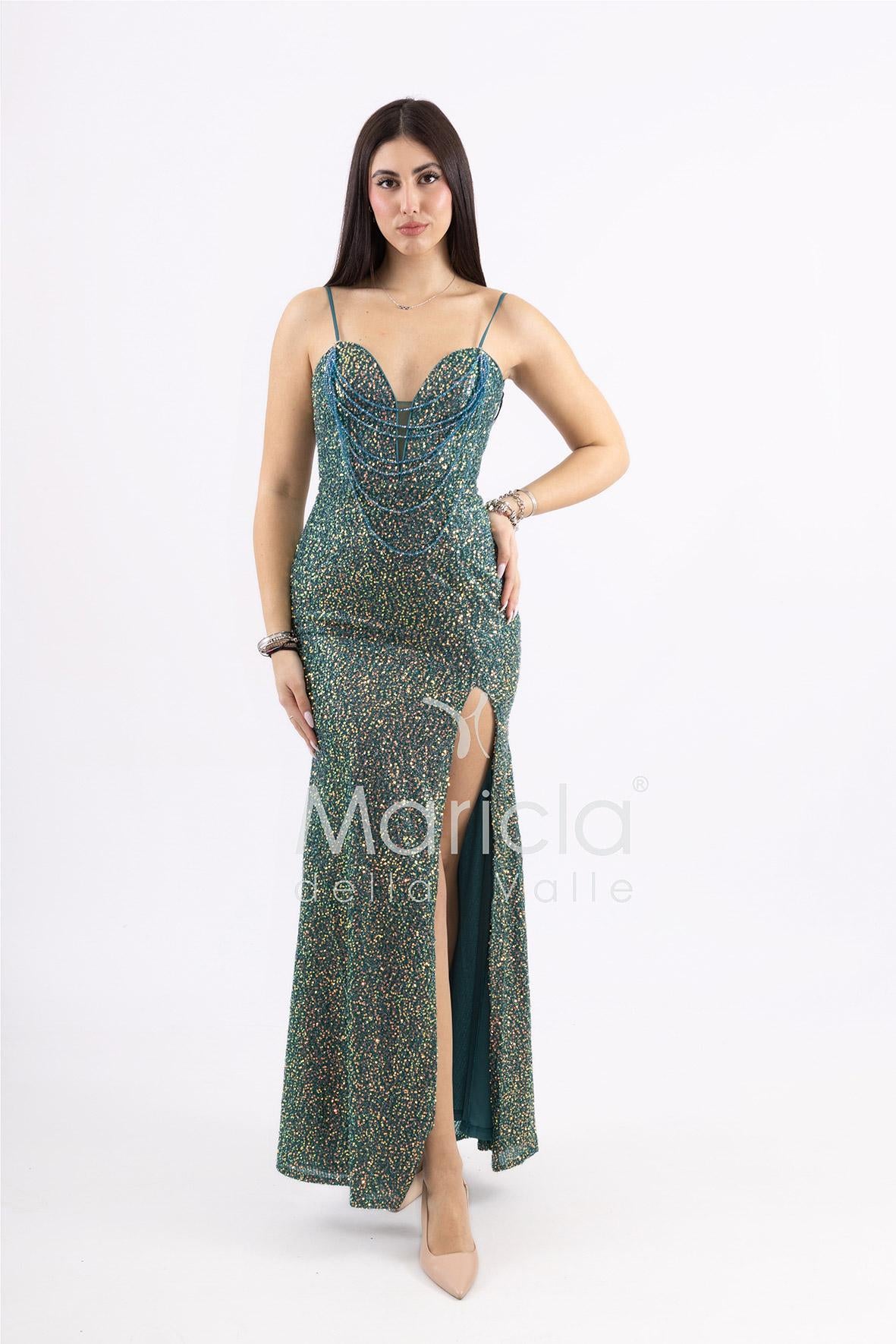 Abito a sirena  lungo con strass e spacco frontale FP578111 VERDE MARICLA ELEGANCE 