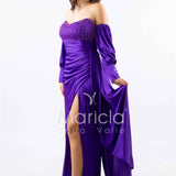 abito lungo perle maniche aggiunte CAR58168 VIOLA MARICLA ELEGANCE 