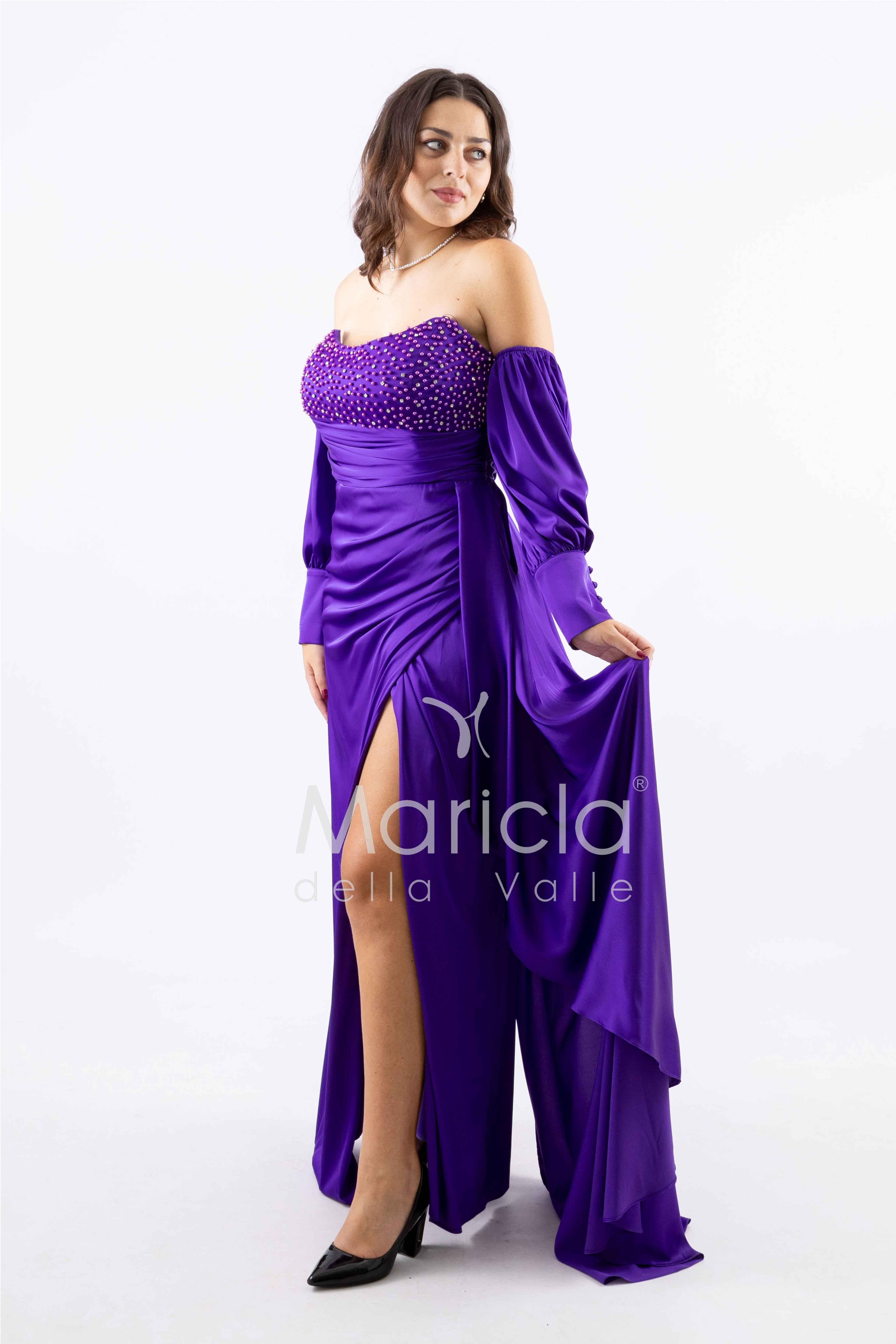 abito lungo perle maniche aggiunte CAR58168 VIOLA MARICLA ELEGANCE 