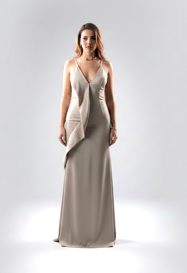 Abito da Sera a Sirena con Scollo a V e Drappeggio Frontale ANT25016XJ CHAMPAGNE ANTILLE ELEGANCE 