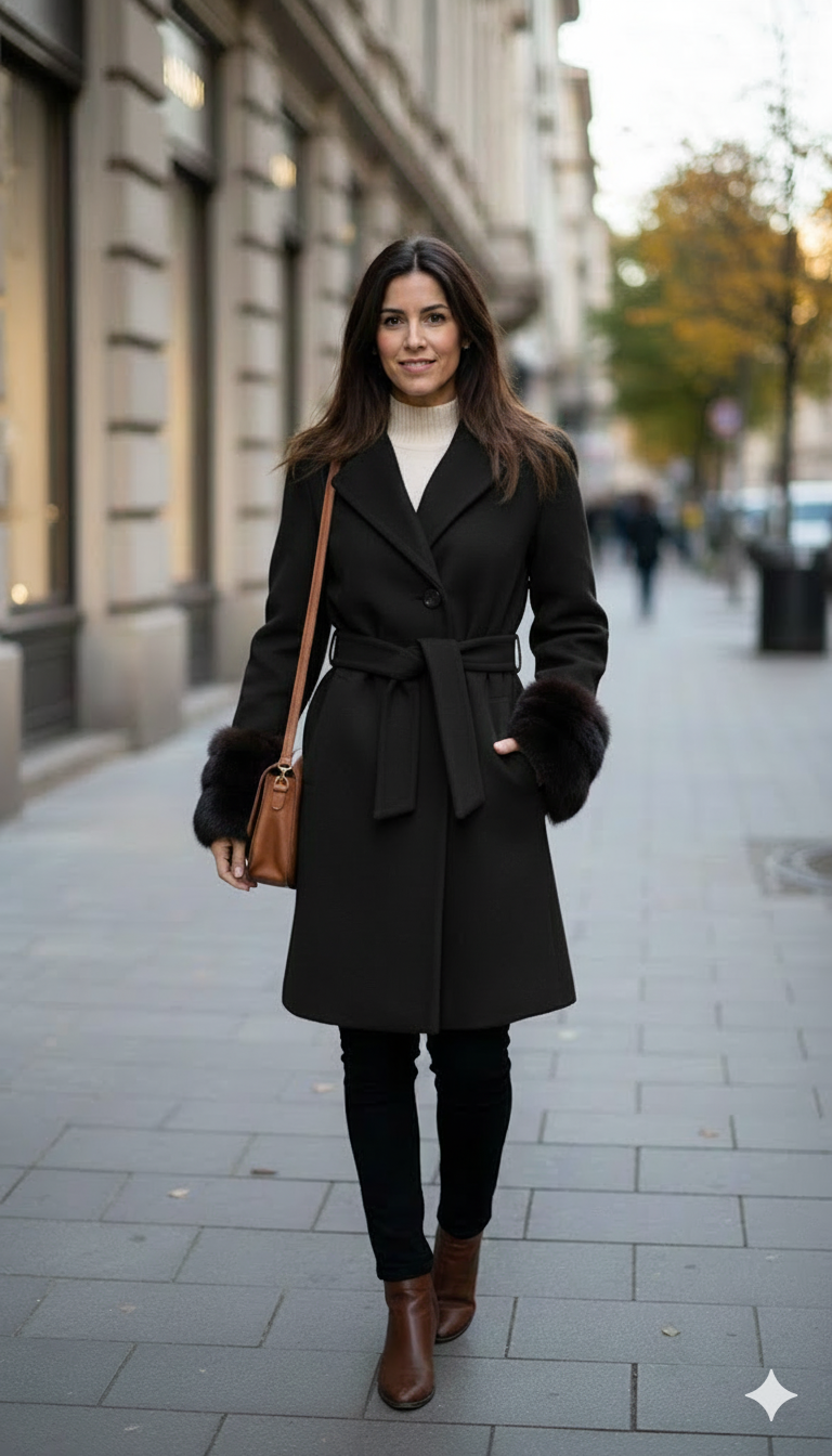 cappotto diagonale con manicotto pelliccia ROMI2754 NERO MARICLA 