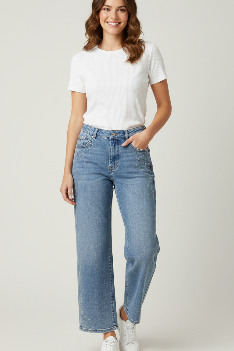 Pantalone jeans denim palazzo con strass GH1590 DENIM MARICLA 