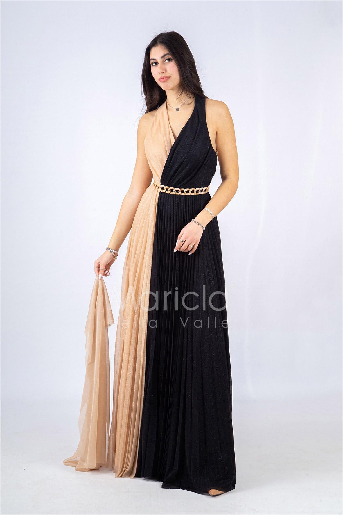 abito lungo con catena glitterato RG3848 NERO GIGLI CERIMONIA 