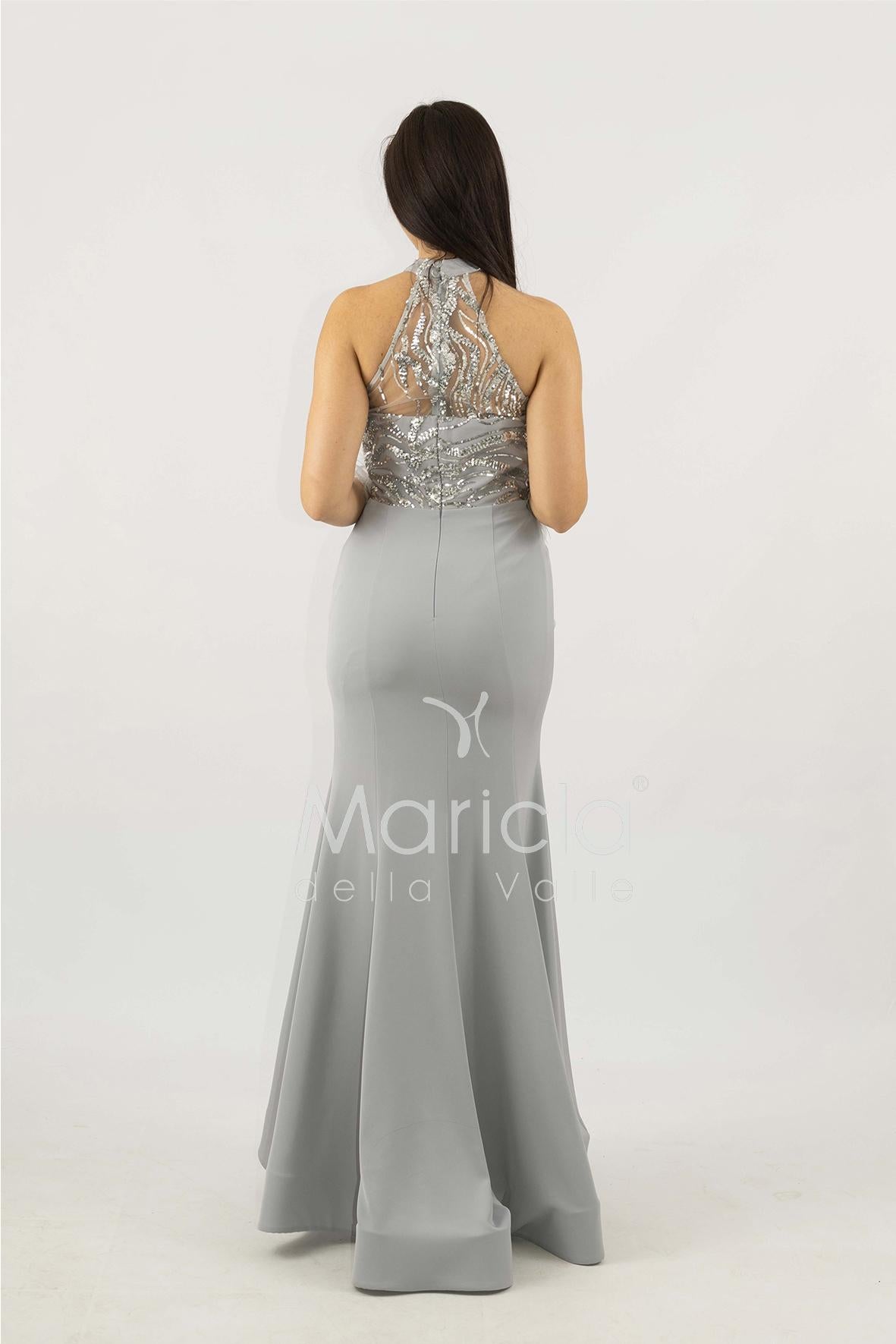 abito lungo con corpetto in strass e piume SH842AL ARGENTO SHARON 
