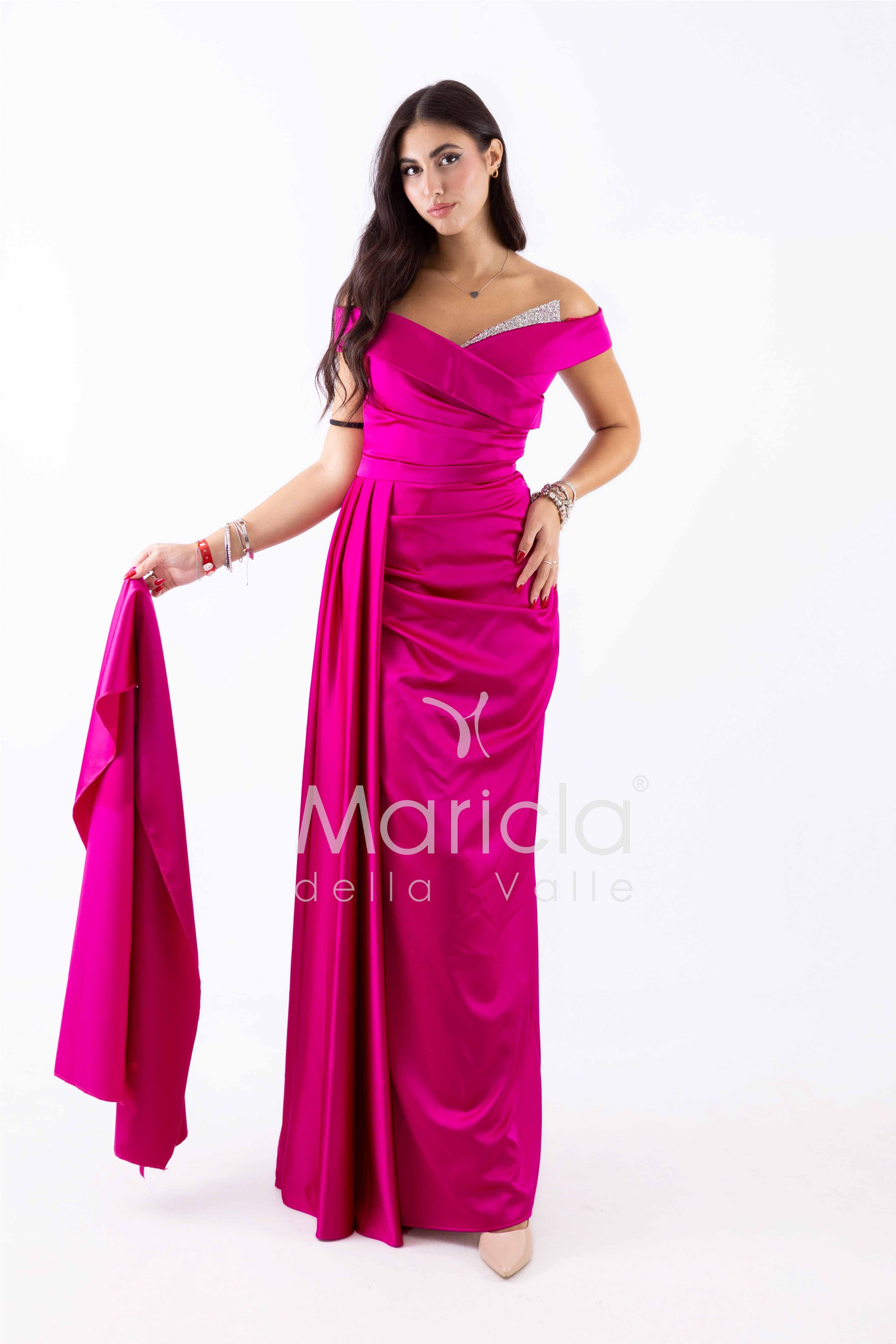 abito con strass scollo FI7443 FUCSIA MARICLA ELEGANCE 