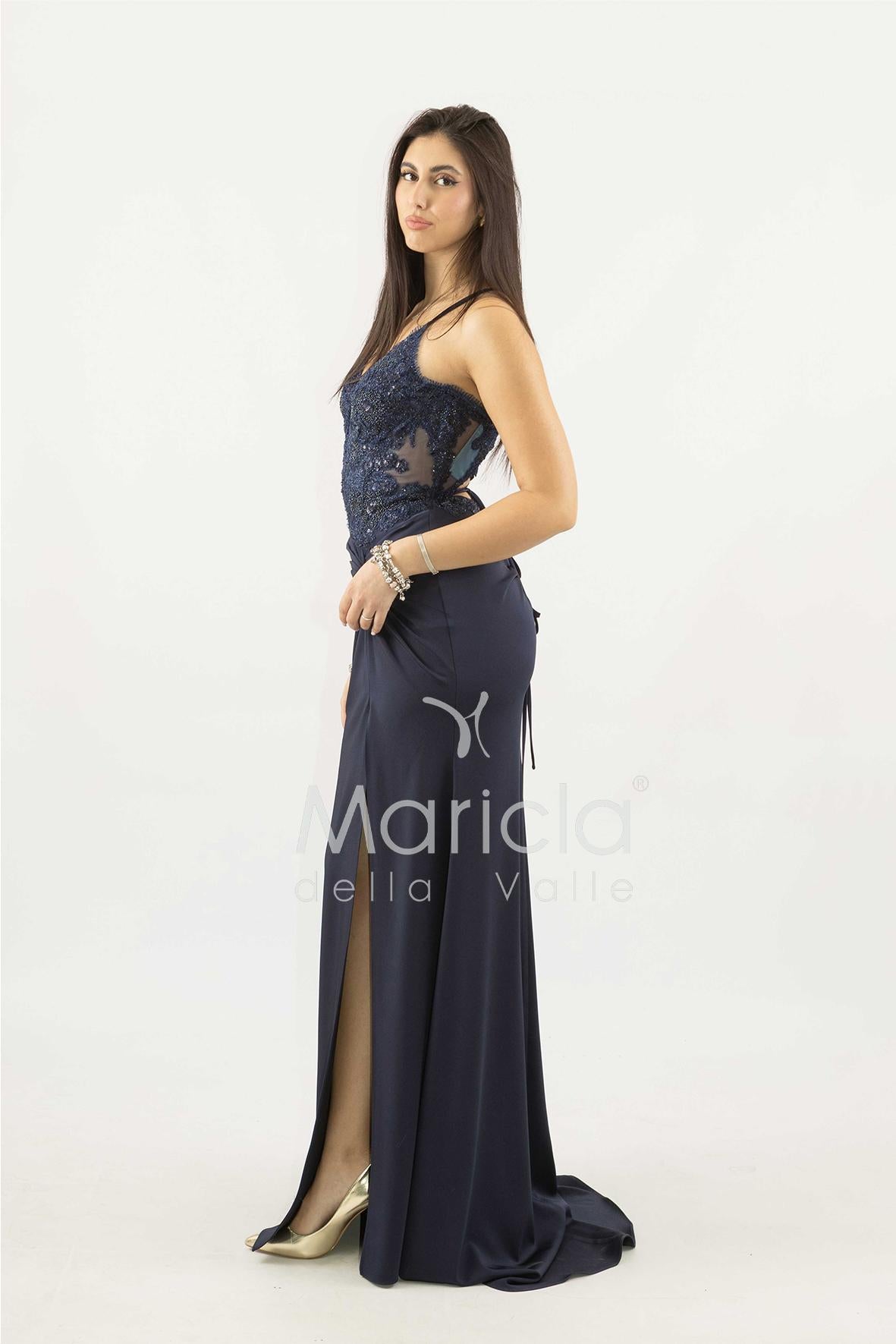 abito lungo corpetto strass e nodo laterale ANT25008XJ BLU ANTILLE ELEGANCE 