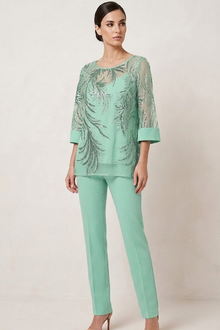 completo 3 pezzi Casacca ricamata- Canotta - Pantalone SH602TP MENTA SHARON 