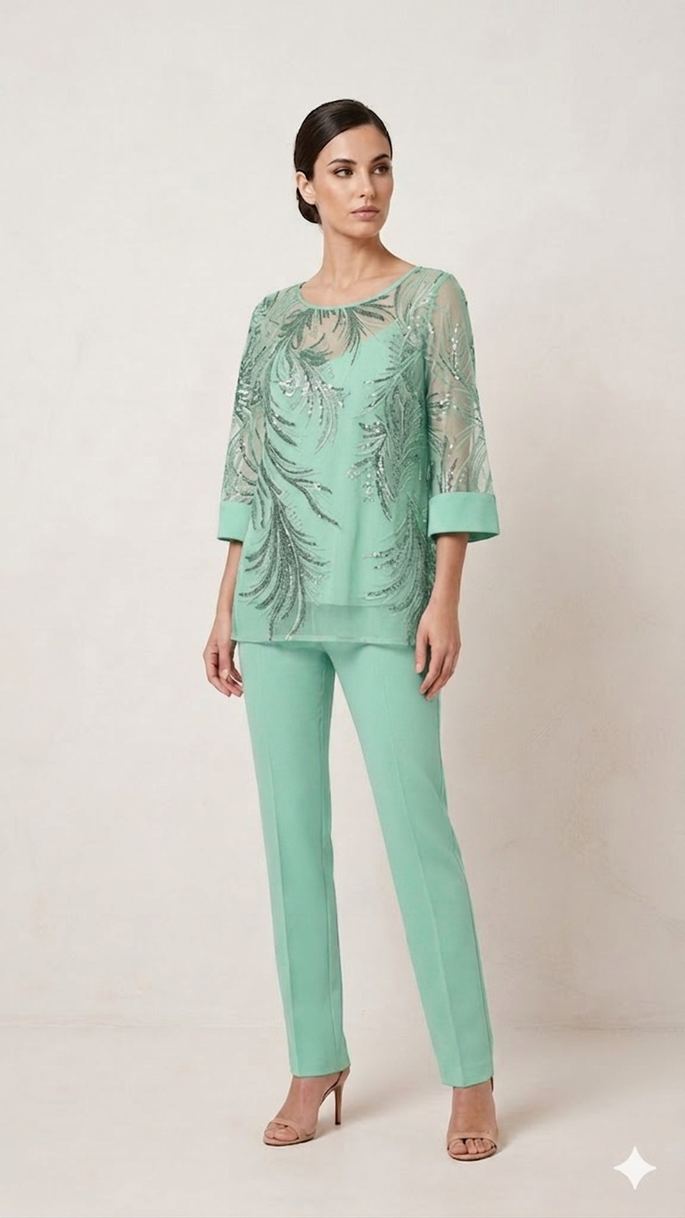 completo 3 pezzi Casacca ricamata- Canotta - Pantalone SH602TP MENTA SHARON 