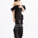 abito lungo scollo omerale spacco e piume SS23100 NERO MARICLA ELEGANCE 