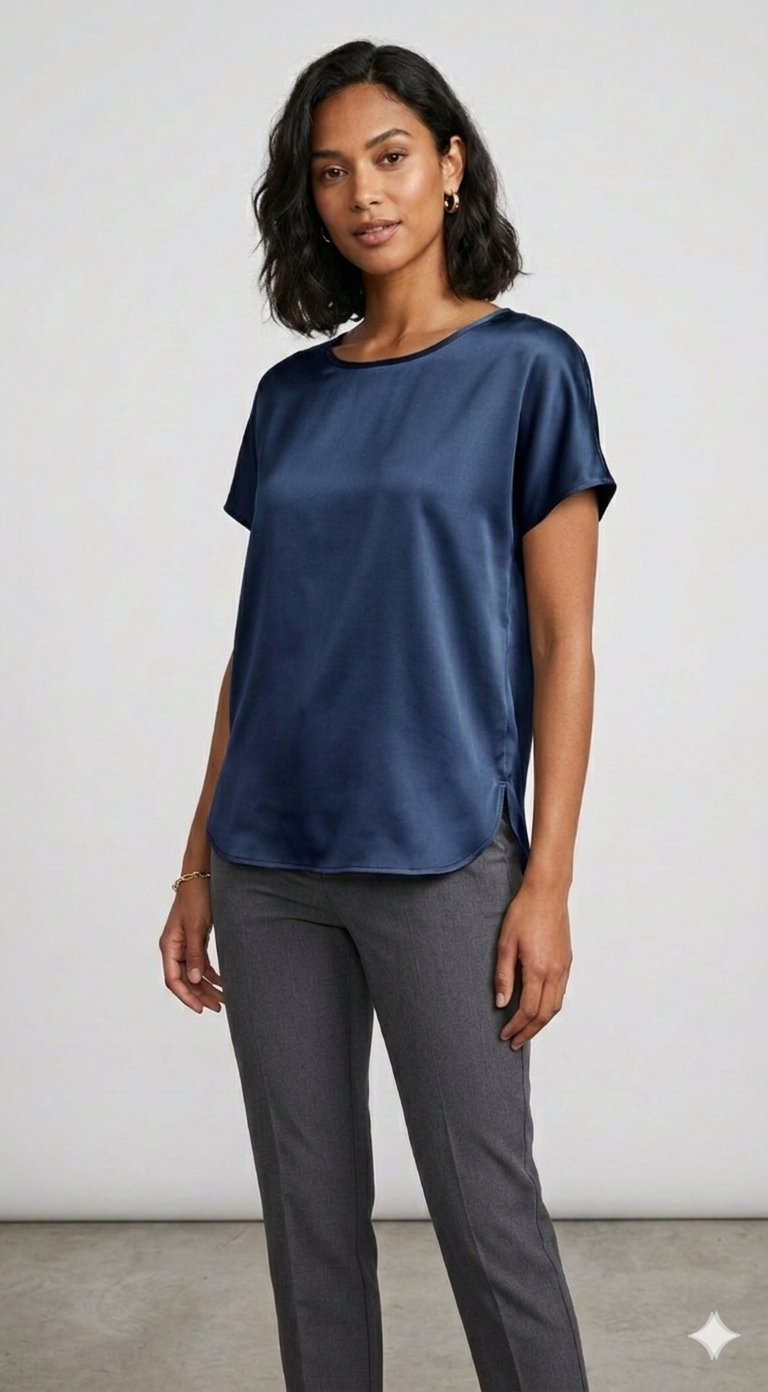 Blusa in Satin a Manica Corta tinta unita DB10886 BLU MARICLA 
