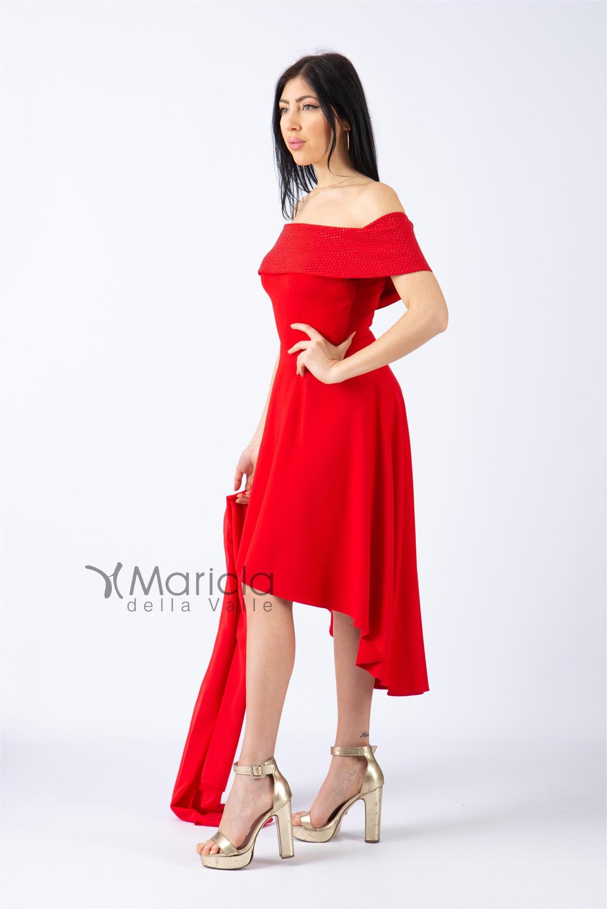 Abito rosso con scollo a barca e strass JC34363 ROSSO MARICLA ELEGANCE 