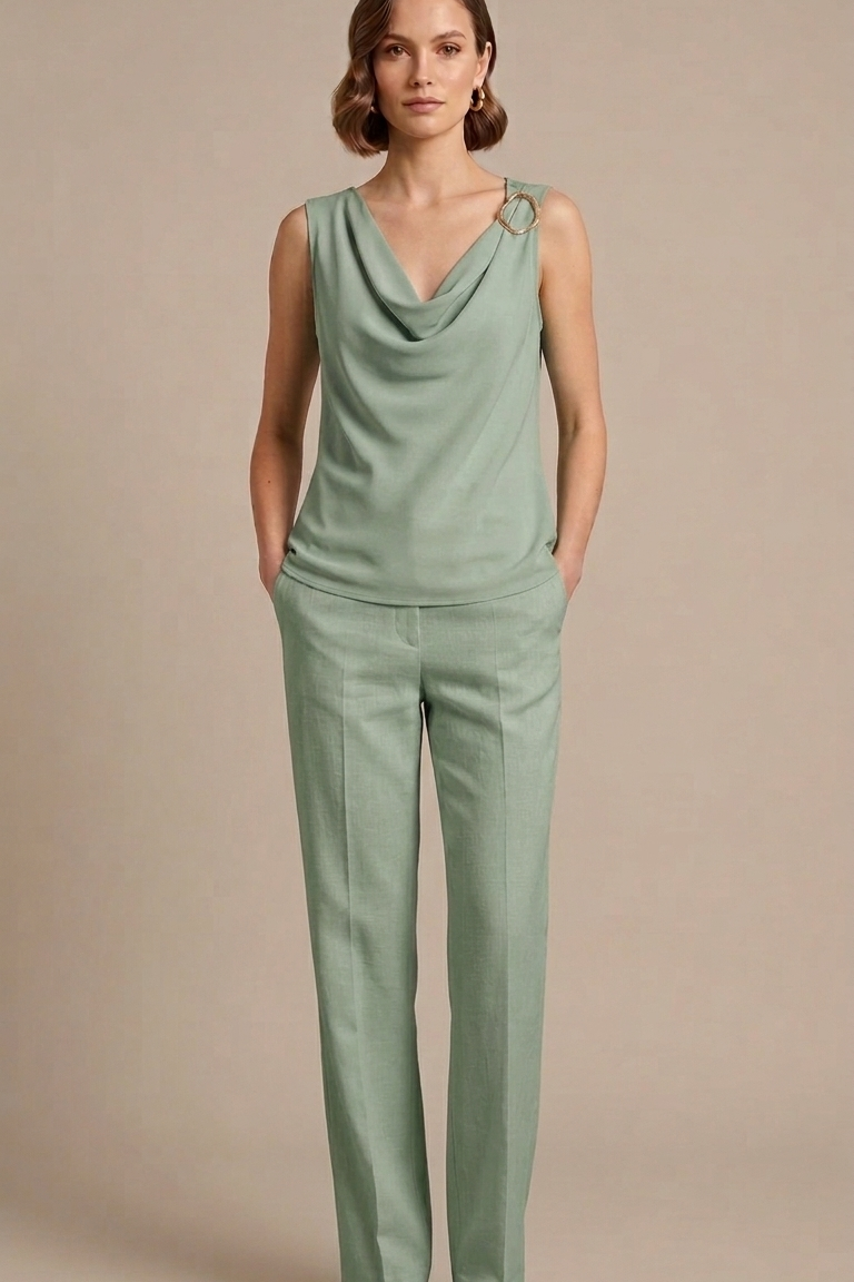 Top Fluido con Scollo a Drappeggio e Dettaglio Bijou LIB25155 MENTA MARICLA 