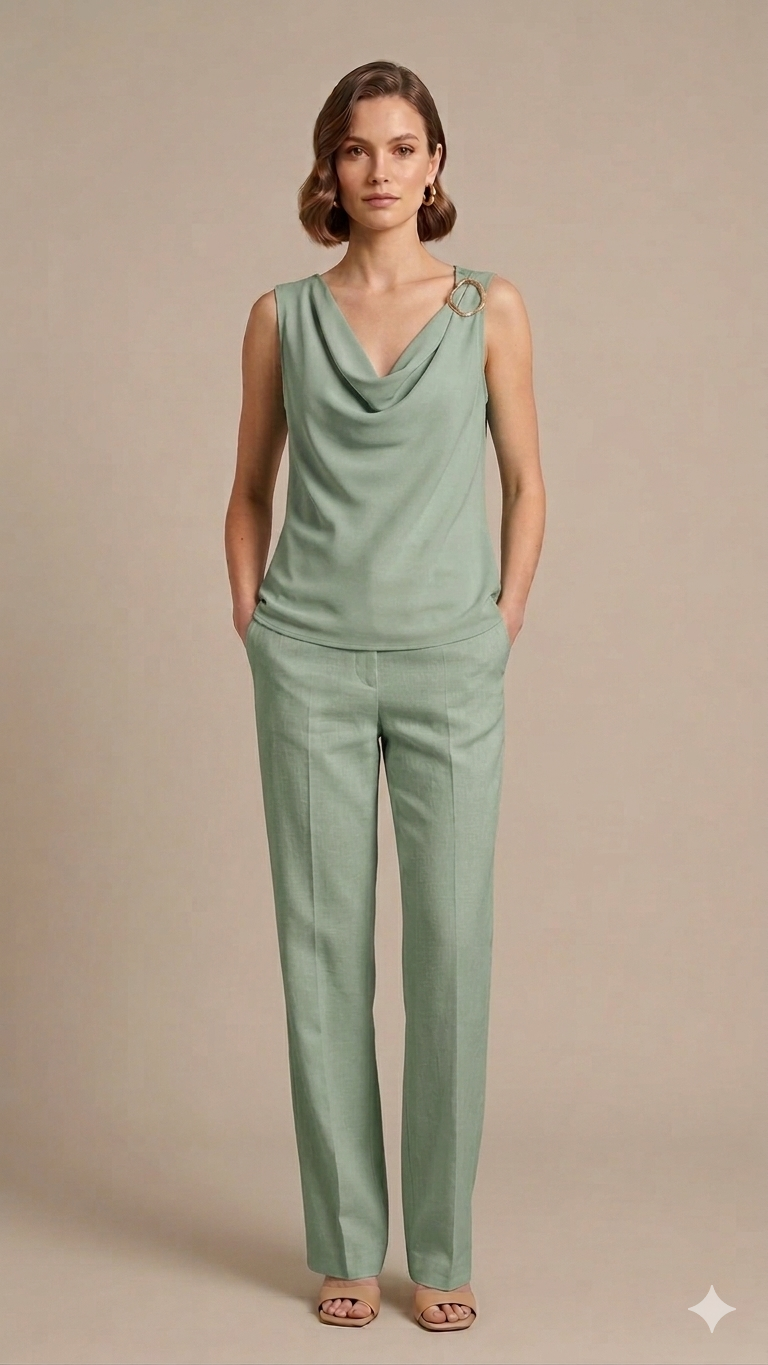 Top Fluido con Scollo a Drappeggio e Dettaglio Bijou LIB25155 MENTA MARICLA 