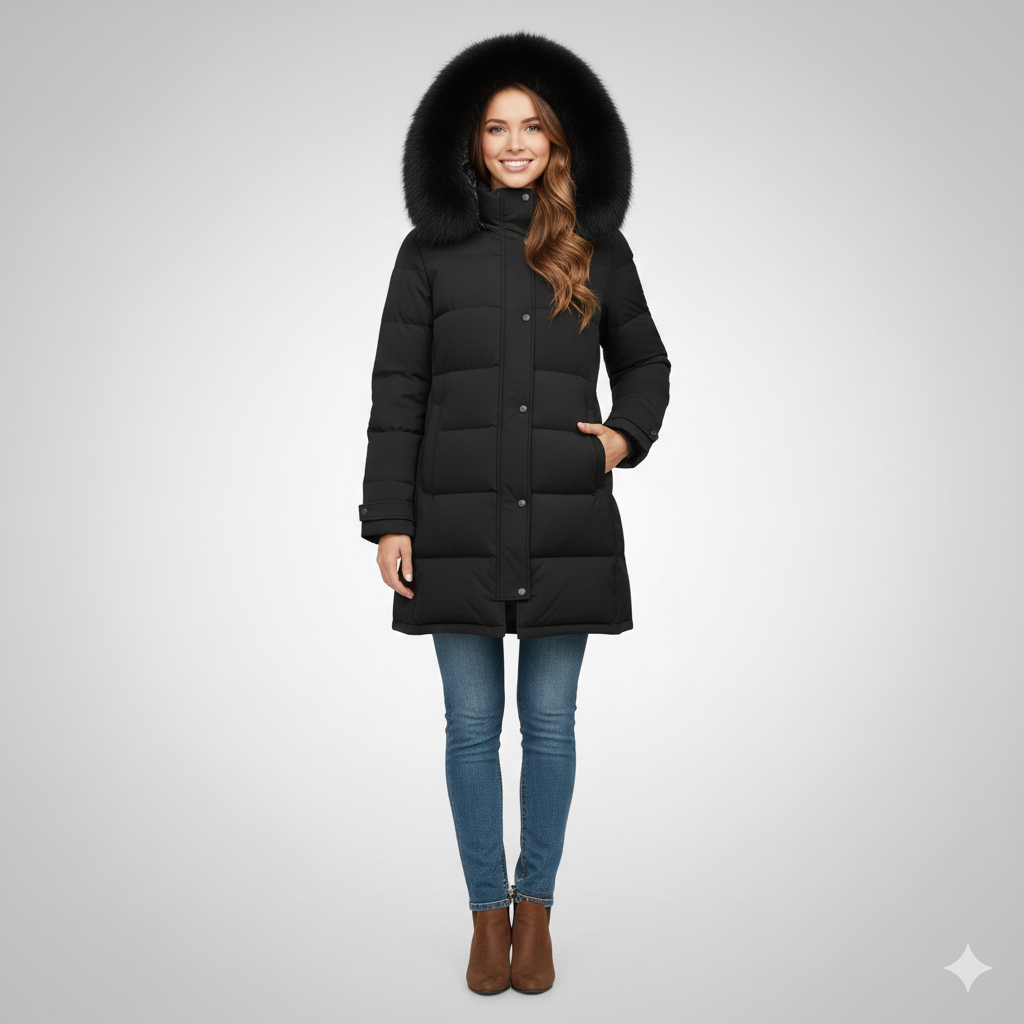 giaccone medio fasce in con cappuccio in pelliccia EC24169 NERO MARICLA 