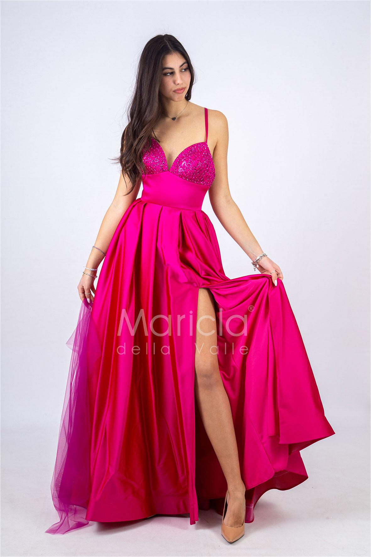 abito lungo corpetto strass RG3805 FUCSIA GIGLI CERIMONIA 