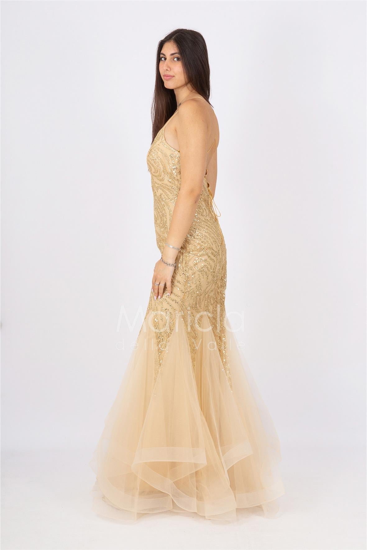 abito lungo glitter con triangoli toulle FI7269 ORO MARICLA ELEGANCE 